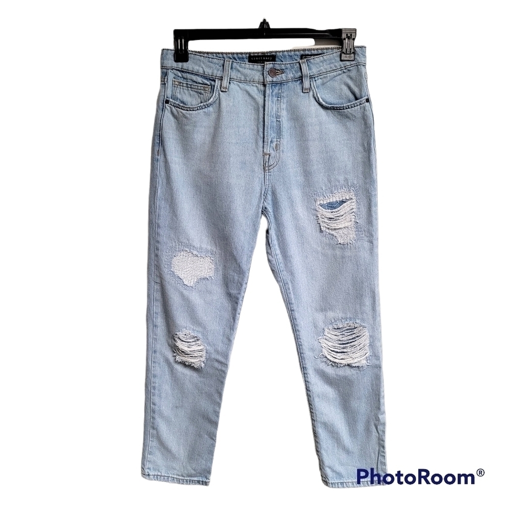 Sanctuary Tapered Straight High Rise Button Fly Distressed Light Blue Jeans 29/8